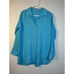 Soft Surrounding 100% Linen Button Up Shirt Women's Sz M Blue Lagenlook Art